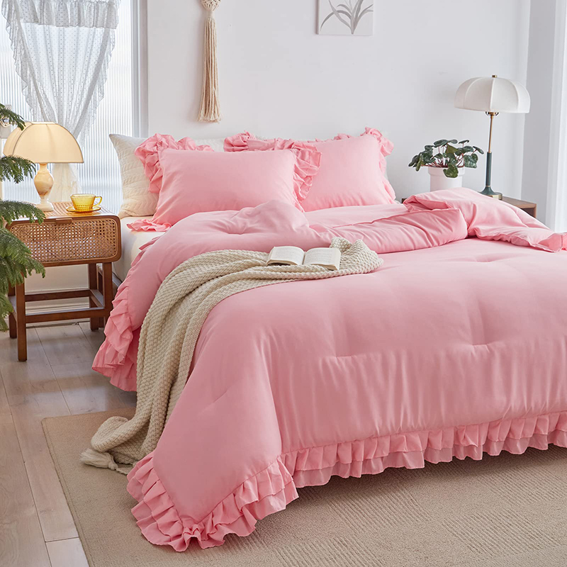 Pink Ruffled Farmhouse Comforter Set Pink Ruffled Farmhouse Comforter Set